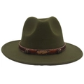 Detail of army green fedora hat featuring a gold feather buckle and ethnic woven band - Army Green