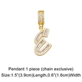 Macro shot of gold E-letter pendant with pavé cubic zirconia detailing and dimensions - Letter E Pendant