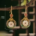 Vintage Chinese earrings with white disk, red ruby, and green enamel on a wooden branch - Chinese Fu Character Enamel (GF0082)