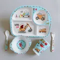 Bamboo fiber 5-piece kids dinnerware set featuring colorful construction truck patterns - Excavator - Display Box / Rectangle