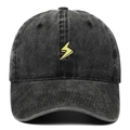 Washed dark grey denim baseball cap with yellow lightning embroidery in street style - Black (Washed Black)