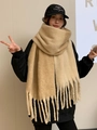 Thick beige mohair scarf with long tassels and soft knit texture for winter - Khaki