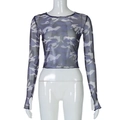 Women's blue camouflage mesh long sleeve crop top t-shirt shown on a white mannequin - Blue Camouflage