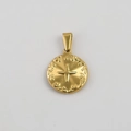 Detail of round gold coin pendant with star relief and ornate scroll pattern - Gold-Round Cross