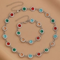 Elegant silver jewelry set with colorful rhinestones and floral crystals on beige silk - Silver Flower Bracelet+Necklace (5052+1508)