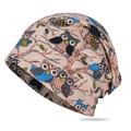 Pink beige knitted beanie hat with colorful cartoon owl pattern for women's winter warmth - Standard / Owl Beige Blue