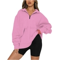 Women's pink quarter-zip pullover sweatshirt with long sleeves and kangaroo pocket - Pink