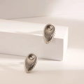 Silver plated geometric fan-shaped earrings with radial rib texture and sphere detail - Oval Stripe / Steel