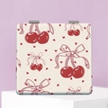 Espejo de maquillaje plegable portátil con diseño de cerezas sobre cuero sintético granulado - Beige Lazo Cereza (XYHH01220)