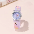 Macro detail of purple kids watch with flamingo pattern and silicone strap - Purple
