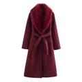 Elegante cappotto di lana bordeaux con grande collo in pelliccia sintetica e cintura - XS / Rosso