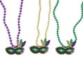 Three-piece Mardi Gras bead necklaces with sequined mask pendants in purple, gold, and green - Sequin Mask B Three-Color Necklace Set
