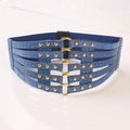 Detail of dark blue wide corset belt with crocodile pattern and gold rings - Dark Blue