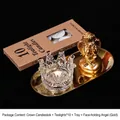 Nordisches Kerzenständer-Set aus Glas mit goldenem Tablett und Engel auf schwarzem Grund - Transparenter Kronenhalter + Gesichtshaltender Engel (Gold) Set