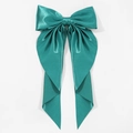Oversized peacock green satin bow hair clip with long ribbons and a silky finish - Dark Green