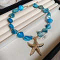 Bohemian blue shell beaded necklace with a gold starfish pendant and pearl accent - 26# Necklace - Blue Starfish