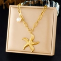 Gold plated stainless steel starfish pendant necklace with a pearl on jewelry box - Starfish Pearl Style (N3658)