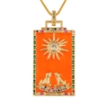 Golden tarot moon pendant necklace with sun motif, orange enamel, and colorful crystals - The Moon (With Chain)
