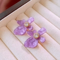 Macro shot of purple flower stud earrings with shimmering resin petals and crystal centers - 22# Purple Pearlescent with Rhinestone (925 Sterling Silver Earring Post)