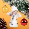 Detail of white plush angel ornament with silver star hanging on a Christmas tree - White Hat Grey Scarf Angel