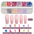 Assorted nail art rhinestones in 12-grid box with application display and size specs - Mini Aurora Rhinestone (12TZ-14)