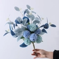 Artificial blue pompon mum bouquet with eucalyptus leaves for home decor - Double Blue
