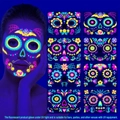 UV fluorescent Halloween face tattoo set with 8 neon skull and flower sticker designs - JFY001-008 UV Reactive Fluorescent Face Set