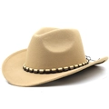 Détail d'un chapeau de cow-boy en feutre kaki avec une bande décorative en perles bicolores - M (56-58 cm) Réglable / Camel