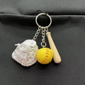 Mini baseball keychain with yellow softball, white glove and natural wood bat accessory - Small Yellow Ball and Glove Set / White