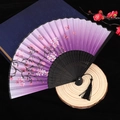 Purple gradient folding fan with cherry blossom and butterfly pattern with black tassel - Size 52