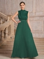 Elegant dark green sleeveless halter maxi dress with sequins and pleated skirt - Green