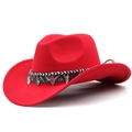 Chapeau de cow-boy rouge en laine avec ruban ethnique et pendentifs de feuilles - Rouge