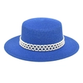 Royal blue boater straw hat for women with triple-row white pearl decorative band - M (56-58cm) / Sapphire Blue
