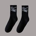 Black cotton blend crew socks with white graffiti smile and XOXO text patterns - One Size(37-46) / D1 Series-No.15 (Black XOXO)