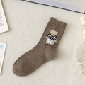 Dark brown wool knit crew socks featuring cute bear patterns and colorful speckle yarn - Coffee Bear