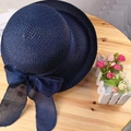 Foldable dark blue straw sun hat for women featuring a large decorative bow tie - One Size(Adjustable) / Folded Brim Navy