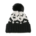 Winter gebreide muts met zwarte pompon en klassiek zwart-wit geometrisch golfpatroon - M(56-58cm) / Zwart