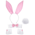 Pink and white satin rabbit ears headband with bowtie, plush tail, and cuffs set - Pink 4-Piece Set
