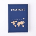 Detail of deep blue PU leather passport holder featuring gold foil world map design - Dark Blue