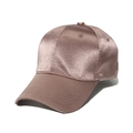 Macro detail of rose gold satin baseball cap showing glossy fabric and stitched brim - One Size (Adjustable) / Brown