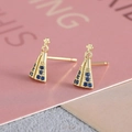 Religious golden stud earrings with blue zircon inlays and a cross design feature - Gold Plated Virgin Mary Triangle Blue Zircon (EM11-3)