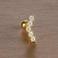 Detailed macro view of curved gold leaf stud earring with white cubic zirconia crystals - 4# Five Gems Arc / Gold