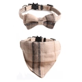 British style beige plaid cat collar set with classic bowtie and matching bandana - Bowknot Collar + Bandana Set / Brown Set