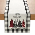 Camino de mesa navideño de algodón y lino con cuadros blancos y negros y dibujos festivos - Feliz Navidad a cuadros blancos y negros (ZQ27-3)