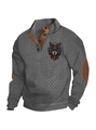 Grey knitted men pullover featuring a wolf head print and brown patchwork elbow pads - S / Tops / Gray (Logo 4)