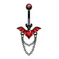 Gothic black bat navel ring with red pear-shaped zircon and delicate double chains - Chain Belly Button Ring 1.6x10mm