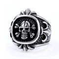 Vintage stainless steel skull ring with fleur-de-lis pattern and punk gothic silver finish - US 7 / Vintage Silver (05204)
