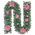 2.7m Artificial green Christmas garland with pink poinsettia flowers and pink ornaments - 2.7M Pink Flower