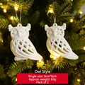 Set of two white glitter owl Christmas tree ornaments with intricate cutout design - Owl Style