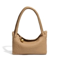 Handwoven light brown leather tote bag with unique gold sphere charm detail - Apricot